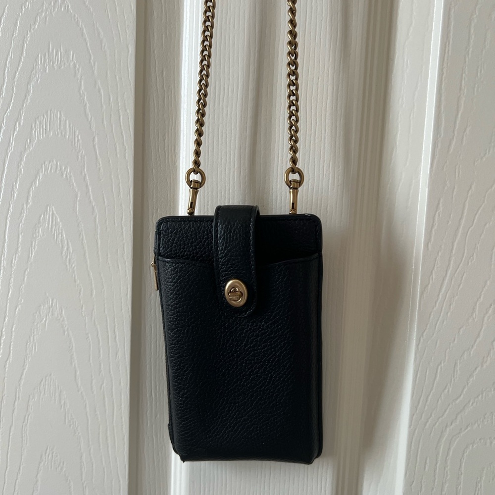 Coach Black Pebbled Leather Mini Crossbody with Gold Chain